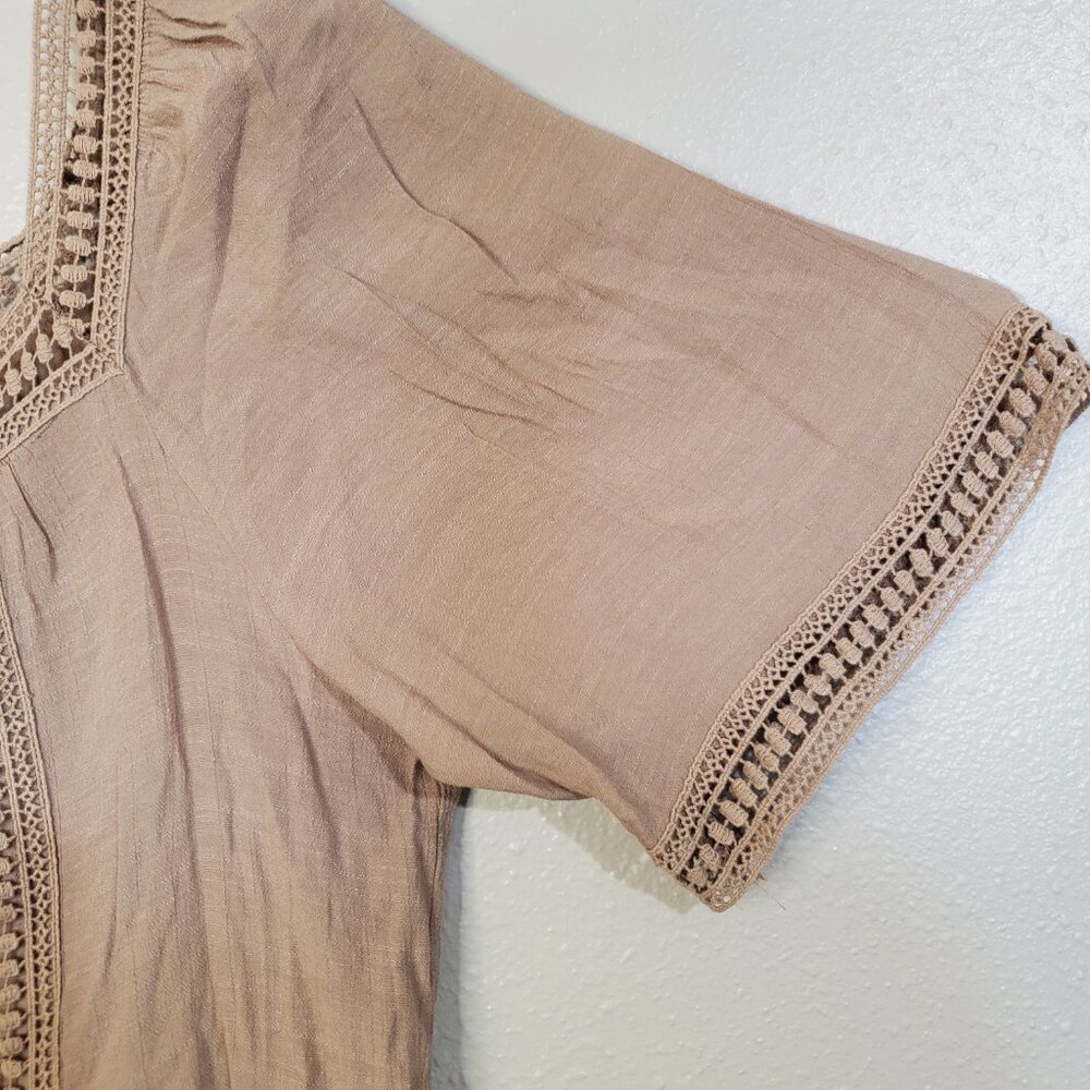 GNW Brown Tan Short Sleeve Crochet Lace Top Women's Large - Picture 7 of 7
